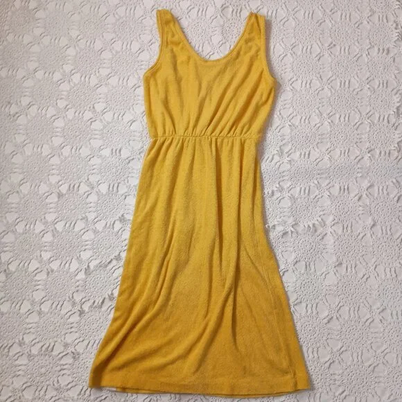 Vtg 70s Doll Rags Sleeveless Dress Yellow Terry Cloth Knee Length Medium Women - Picture 9 of 9